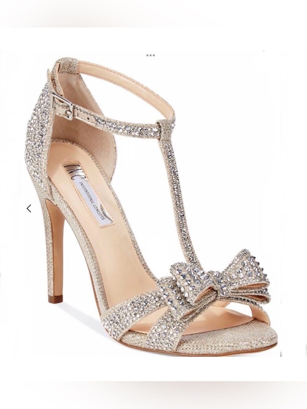 INC International Concepts Reesie Silver Rhinestone Bow T-Strap Heels